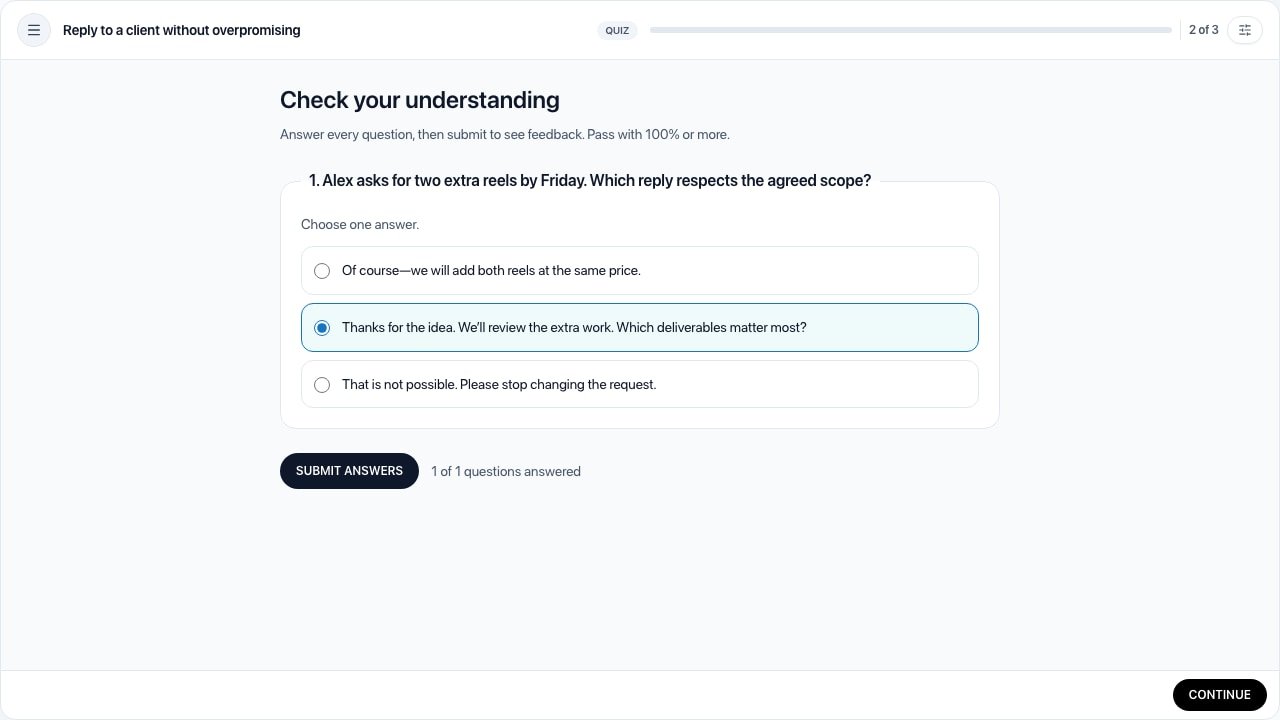 Discentik quiz checking the learner understands the task