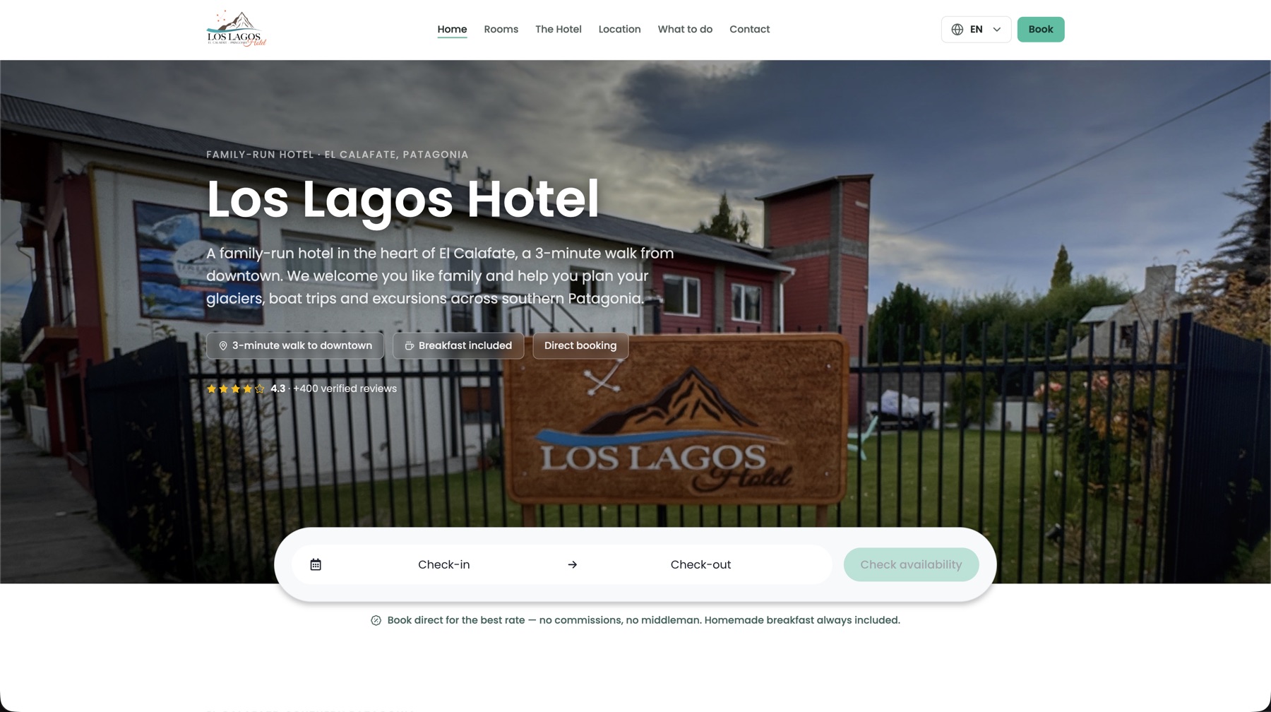 Los Lagos Hotel homepage hero with the availability search